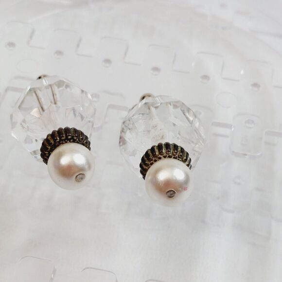 Chunky Dangle Earrings White Faux Pearl Fun Clear Faceted Bead Party Date Night - Picture 3 of 5